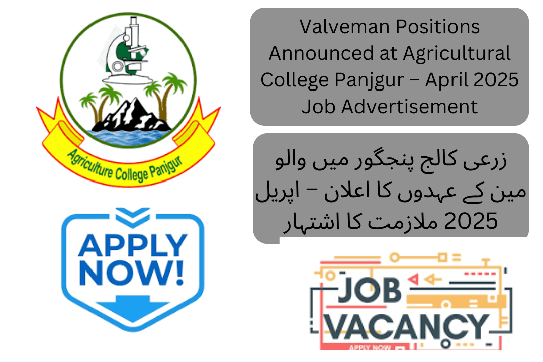 Announcement banner for Valve Man Jobs at Agriculture College Panjgur April 2025 with details on eligibility and application deadline